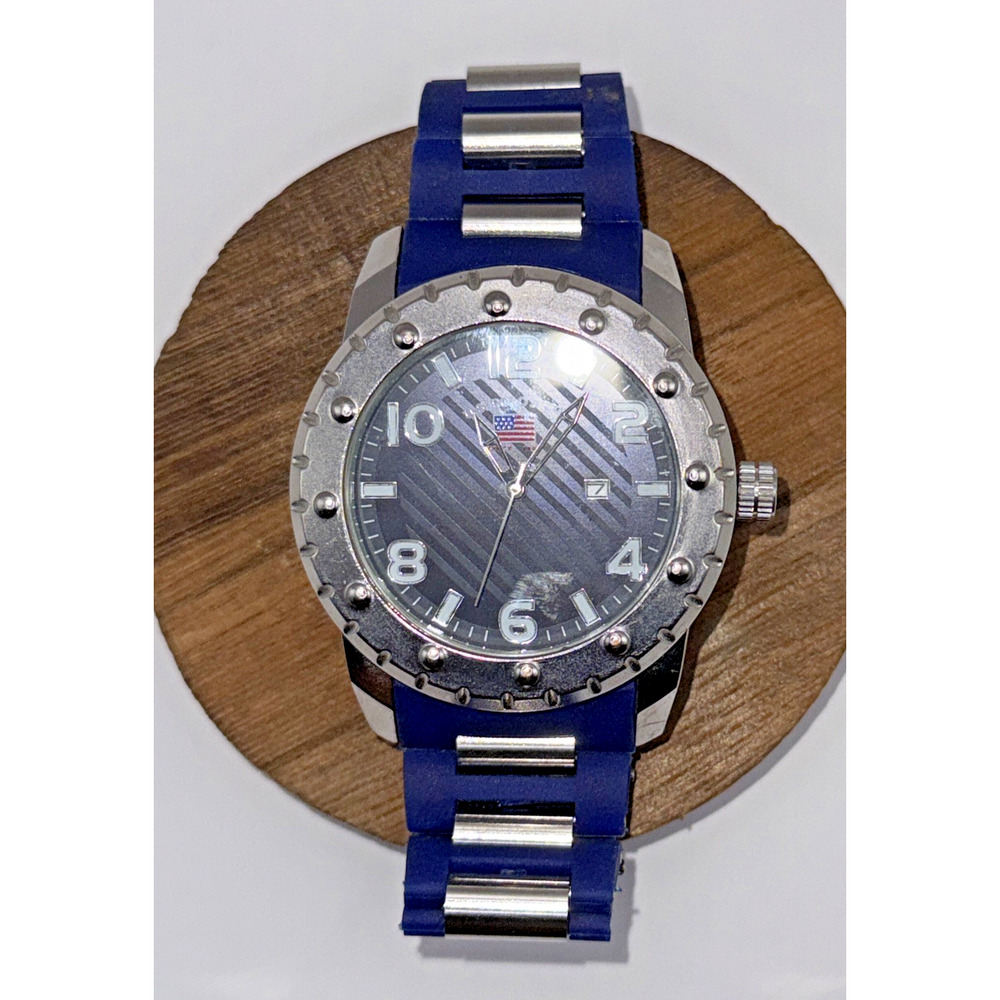 Mens U.S. Polo Assn. 50mm Blue‎ Silver Watch Date Rotatable Bezel Silicone Strap